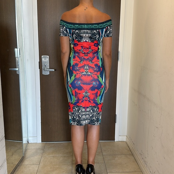 TROPICAL COLORFUL OFF THE SHOULDER TUBE DRESS CAP SLEEVES - Picture 5 of 8